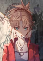 Rule 34 | 1girl, absurdres, blonde hair, braid, breasts, cigarette, drid, fate/apocrypha, fate/grand order, fate (series), green eyes, hair ornament, hair scrunchie, highres, jacket, jewelry, looking at viewer, mordred (fate), mordred (fate/apocrypha), mordred (memories at trifas) (fate), necklace, open mouth, ponytail, red scrunchie, scrunchie, small breasts, smoke, solo