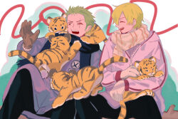 2boys animal animal_on_lap animal_on_shoulder black_pants blonde_hair brown_gloves cat closed_eyes commentary curly_eyebrows facial_hair gloves green_hair hair_over_one_eye highres jacket kitten laughing male_focus multiple_boys on_lap one_piece open_mouth pants petting roronoa_zoro sanji_(one_piece) scar scar_across_eye scar_on_face scarf short_hair simple_background striped_clothes striped_scarf stubble surprised tiger towne white_gloves