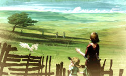Rule 34 | 2boys, 4girls, absurdres, bird, child, clothes grab, cloud, fence, field, fields, finger in own mouth, grass, hat, highres, kionaoki, md5 mismatch, mountain, multiple boys, multiple girls, original, pointy ears, resolution mismatch, running, scenery, source smaller, swing, tree