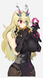 Rule 34 | 1girl, armor, bare shoulders, black dress, black gloves, blonde hair, breasts, brown pantyhose, burger, covered navel, dress, eating, elbow gloves, barghest (fate), barghest (second ascension) (fate), fate/grand order, fate (series), food, gloves, green eyes, heterochromia, highres, horns, large breasts, long hair, pantyhose, pauldrons, pelvic curtain, red eyes, shoulder armor, single pauldron, solo, tan (inka)