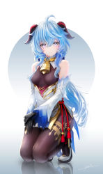 Rule 34 | 1girl, absurdres, ahoge, bare shoulders, bell, black gloves, blue hair, blush, bodysuit, bodysuit under clothes, breasts, brown bodysuit, closed mouth, commentary request, cowbell, detached sleeves, eyelashes, flower knot, full body, ganyu (genshin impact), genshin impact, gloves, goat horns, gold trim, gradient background, hair between eyes, highres, horns, kneeling, long hair, long sleeves, looking at viewer, medium breasts, neck bell, ojay tkym, purple eyes, red horns, shoes, sidelocks, signature, simple background, smile, solo, tassel, very long hair, vision (genshin impact), white background, white footwear, white sleeves