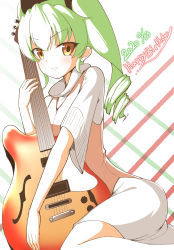 Rule 34 | 1girl, anchovy (girls und panzer), birthday, black ribbon, brown eyes, casual, commentary, dated, dress, drill hair, girls und panzer, green hair, guitar, hair ribbon, happy birthday, highres, holding, holding instrument, instrument, leaning forward, light frown, long hair, looking at viewer, medium dress, parted lips, rebirth42000, ribbon, short sleeves, sitting, solo, twin drills, twintails, wariza, white dress