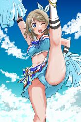 1girl ;o arm_up armpits blue_eyes blue_panties blue_sky breasts brown_hair cheerleader cloud commentary_request commission ereka feet_out_of_frame headphones headset high_kick highres kicking large_breasts leg_up looking_at_viewer love_live! love_live!_school_idol_festival_all_stars love_live!_sunshine!! midriff miniskirt official_alternate_costume one_eye_closed open_mouth panties pantyshot pixiv_commission short_hair skirt sky solo sweat teeth underwear upper_teeth_only upskirt watanabe_you