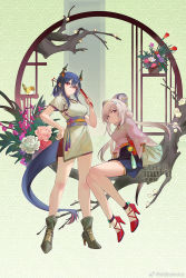 Rule 34 | 2girls, alternate costume, animal ears, arknights, blue hair, breasts, ch&#039;en (arknights), china dress, chinese clothes, dragon girl, dragon horns, dragon tail, dress, hair ornament, hand fan, hanfu, highres, holding, holding fan, horns, inuko (redconstellation), lin (arknights), long hair, looking at viewer, mouse ears, mouse girl, multiple girls, pink eyes, red eyes, tail, twintails, white hair