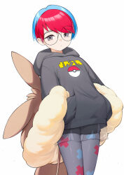 Rule 34 | 1girl, absurdres, backpack, bag, black shorts, blue hair, brown bag, closed mouth, commentary request, creatures (company), game freak, glasses, grey eyes, grey pantyhose, highres, hood, hood down, hoodie, multicolored hair, nintendo, pantyhose, penny (pokemon), poke ball print, pokemon, pokemon sv, red hair, round eyewear, see-through, see-through skirt, short hair, shorts, simple background, skirt, solo, two-tone hair, white background, wo chi xiangjiao pi