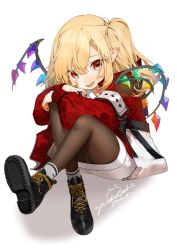 Rule 34 | 1girl, :p, alternate costume, artist name, black footwear, blonde hair, boots, casual, commentary request, contemporary, cross-laced footwear, crystal, fang, flandre scarlet, gotou (nekocat), grey socks, hair between eyes, highres, jacket, knees up, lace-up boots, long hair, long sleeves, looking at viewer, miniskirt, nail polish, no headwear, one side up, pantyhose, pencil skirt, red eyes, red jacket, red nails, shadow, shoes, signature, simple background, sitting, skirt, smile, socks, solo, tongue, tongue out, touhou, white background, white skirt, wings