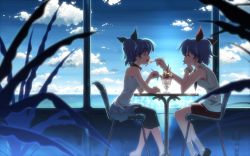 Rule 34 | 2girls, blue hair, blurry, bracelet, chair, closed eyes, cloud, day, depth of field, djmax, djmax portable, earrings, eating, feeding, food, from side, hair ribbon, highres, holding, holding spoon, ice cream, jewelry, ladymade star, multiple girls, necktie, open mouth, original, profile, ribbon, seha, shirt, shoes, siblings, side ponytail, sisters, sitting, sky, sleeveless, smile, socks, spoon, sundae, table, twins, water, yuuki tatsuya