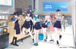 Rule 34 | 5girls, absurdres, ahoge, animal ears, arona (blue archive), artist request, ayane (blue archive), black footwear, black hair, black headwear, black skirt, black socks, blue archive, blue eyes, blue halo, blue shirt, blush, bucket, cat ears, closed mouth, coffee, collared shirt, cross hair ornament, cup, ediya coffee, extra ears, fang, food, glasses, green halo, grey hair, hair between eyes, hair ornament, halo, hat, highres, holding, holding cup, holding mop, holding tray, hoshino (blue archive), light brown hair, long hair, medium hair, mismatched pupils, mop, multiple girls, nonomi (blue archive), official art, one eye closed, open mouth, pink hair, pink halo, pleated skirt, pointy ears, red-framed eyewear, red eyes, red halo, serika (blue archive), shiroko (blue archive), shirt, shoes, short hair, skirt, smile, socks, tray, white footwear, white shirt, white socks, wolf ears, yellow eyes