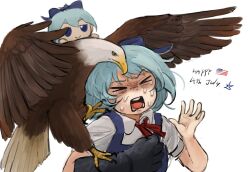 Rule 34 | &gt; &lt;, 1girl, american flag, animal focus, bald eagle, bird, bird on hand, blue bow, blue hair, bow, character doll, cirno, closed eyes, closed mouth, collared shirt, commentary, crying, eagle, english commentary, english text, falconry glove, fourth of july, fumo (doll), gloves, hair bow, hands up, highres, neck ribbon, nvi2762, open mouth, red ribbon, ribbon, shirt, short hair, short sleeves, simple background, single glove, smile, teeth, touhou, united states, upper body, white background, white shirt