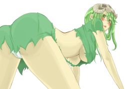 Rule 34 | 1girl, all fours, anon78, arrancar, ass, bad id, bleach, blush, breasts, green hair, hollow (bleach), looking back, nelliel tu odelschwanck, number tattoo, simple background, solo, tattoo, underboob, upshirt, white background