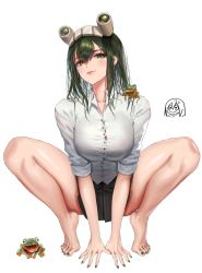 Rule 34 | 1girl, animal, animal on shoulder, asui tsuyu, barefoot, black skirt, boku no hero academia, breasts, button gap, buttons, collarbone, collared shirt, dress shirt, frog, full body, goggles, goggles on head, green eyes, green hair, green nails, highres, large breasts, long hair, looking at viewer, miniskirt, myabit, nail polish, pleated skirt, shirt, simple background, skirt, smile, solo, squatting, thighs, toenail polish, toenails, wet, wet hair, white background, white shirt
