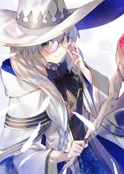 Rule 34 | 1girl, absurdres, adjusting eyewear, black bow, black bowtie, blonde hair, bow, bowtie, braid, brooch, capelet, falling feathers, fate/grand order, fate (series), feathers, glasses, gold trim, green eyes, hair over shoulder, hand up, hat, highres, holding, holding staff, jewelry, light blush, light particles, long sleeves, looking at viewer, looking to the side, red brooch, robe, round eyewear, single braid, smile, solo, staff, striped, aesc (fate), tsukudani (ore624), two-tone headwear, upper body, white capelet, white feathers, white hat, white robe, wide sleeves, witch hat