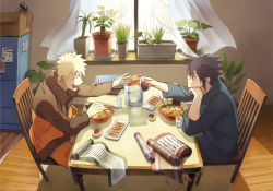 Rule 34 | 2boys, arm support, barefoot, black hair, blonde hair, book, bowl, box, cardboard box, chair, chopsticks, closed eyes, cup, curtains, dining room, drinking glass, dumpling, egg, facial mark, facing another, flower pot, food, from side, head rest, indoors, jacket, jiaozi, long sleeves, male focus, meat, multiple boys, naruto, naruto (series), noodles, oba-min, open mouth, pitcher (container), plant, plate, potted plant, ramen, rug, sauce, scroll, sitting, smile, soy sauce, spiked hair, sunlight, table, uchiha sasuke, uzumaki naruto, water, whisker markings, window, wooden floor