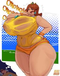 Rule 34 | 1girl, absurdres, breasts, covered navel, dreaming, female focus, gigantic breasts, highres, laughing, mario (series), mario tennis, mario tennis aces, nintendo, ojou-sama pose, princess daisy, ruru-raida, solo, thick thighs, thighs, wide hips