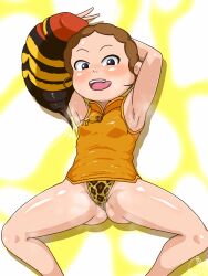 Rule 34 | 1girl, animal print, armpits, arms behind head, ass, cameltoe, chinese clothes, fujimoto mai, highres, ikayama gesokichi, legs apart, lens flare, leopard print, open mouth, saliva, solo, sparkle, standing, steam, sweat, teeth, thong, tongue, tongue out, v, youkai watch