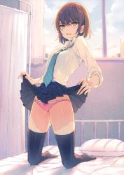 Rule 34 | 1girl, absurdres, black thighhighs, blue thighhighs, breasts, brown hair, clothes lift, day, disgust, glaring, highres, indoors, kneeling, looking at viewer, on bed, original, panties, pink panties, pleated skirt, reia, scan, school uniform, short hair, skirt, skirt lift, sleeves rolled up, small breasts, solo, thighhighs, underwear, yellow eyes