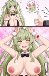 Rule 34 | 1boy, 1girl, :d, accidental exposure, animal ears, antenna hair, arms up, black bow, black bowtie, black leotard, bowtie, breasts, breasts out, closed eyes, commander (nikke), detached collar, fake animal ears, goddess of victory: nikke, green hair, heart, heart antenna hair, large breasts, leotard, long hair, mole, mole on breast, nipples, open mouth, pink eyes, playboy bunny, rabbit ears, rabbit pose, rabbitttt, smile, soda (nikke), soda (twinkling bunny) (nikke), strapless, strapless leotard, twintails, wrist cuffs