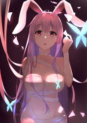 Rule 34 | 1girl, absurdres, animal ears, bandages, blush, breasts, bug, butterfly, collarbone, convenient censoring, diving penguin, groin, highres, insect, large breasts, light purple hair, long hair, looking at viewer, navel, open mouth, petals, rabbit ears, red eyes, reisen udongein inaba, solo, touhou, very long hair