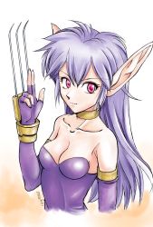 Rule 34 | 1girl, bare shoulders, breasts, choker, claw (weapon), cleavage, collarbone, dated, elbow gloves, female focus, fingerless gloves, gloves, highres, jewelry, leotard, long hair, medium breasts, miruwao, neck, neck ring, nei, phantasy star, phantasy star ii, pink eyes, pointy ears, purple gloves, purple hair, sega, serious, solo, strapless, weapon