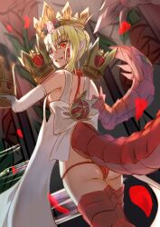 Rule 34 | 1girl, blonde hair, crown, dragon tail, elbow gloves, fate/grand order, fate/grand order arcade, fate (series), gloves, grin, hair between eyes, highres, inugami86, looking at viewer, looking back, nero claudius (fate), nero claudius (fate) (all), panties, petals, queen draco (fate), queen draco (second ascension) (fate), red eyes, red panties, rose petals, smile, solo, tail, underwear