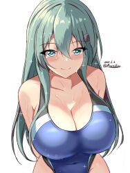 Rule 34 | 1girl, aqua eyes, aqua hair, black one-piece swimsuit, blue one-piece swimsuit, blush, breasts, competition swimsuit, covered navel, cowboy shot, dated, hair between eyes, hair ornament, hairclip, highres, impossible clothes, impossible swimsuit, kantai collection, large breasts, long hair, looking at viewer, montemasa, one-hour drawing challenge, one-piece swimsuit, simple background, smile, solo, suzuya (kancolle), swimsuit, twitter username, two-tone swimsuit, white background