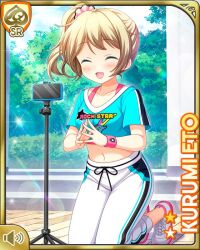 Rule 34 | 1girl, blonde hair, blue eyes, blue shirt, card (medium), character name, closed eyes, day, eto kurumi, girlfriend (kari), holding, kneeling, official art, open mouth, outdoors, pants, ponytail, qp:flapper, school, shirt, shoes, smile, sneakers, solo, tagme, white pants, workout clothes