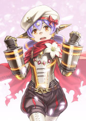 Rule 34 | 1girl, beret, cape, flower, hat, highres, joints, kame (pixiv), lily (flower), low twintails, nintendo, orange eyes, petals, poppi (xenoblade), poppi alpha (xenoblade), puffy shorts, purple hair, ribbon, robot, robot joints, shorts, solo, twintails, xenoblade chronicles (series), xenoblade chronicles 2