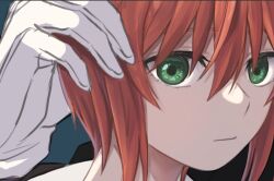 Rule 34 | 1boy, 1girl, close-up, closed mouth, delfuze, elias ainsworth, gloves, green eyes, hatori chise, looking at viewer, mahou tsukai no yome, red hair, short hair, solo focus, white gloves