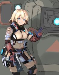 Rule 34 | 1girl, blonde hair, blue eyes, breasts, brown gloves, bt-7274, bubba (watson amelia), commentary, cosplay, english commentary, eyebrows hidden by hair, gloves, grapple pilot (titanfall 2), gun, hair ornament, handgun, highres, holding, holding gun, holding weapon, hololive, hololive english, jack cooper, jack cooper (cosplay), knee pads, looking at viewer, mecha, medium breasts, pilot (titanfall 2), pilot suit, pistol, re-45 auto, robot, sate, short hair, titan (titanfall), titanfall (series), titanfall 2, trigger discipline, v, v-shaped eyebrows, virtual youtuber, watson amelia, weapon