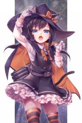 Rule 34 | 1girl, animal ears, asashio (kancolle), asashio kai ni (kancolle), black dress, black hair, blue eyes, bow, cape, cat ears, cat tail, dated, dress, fangs, frilled dress, frills, gloves, hair bow, halloween, halloween costume, hat, highres, kantai collection, long hair, long sleeves, n:go, open mouth, pinafore dress, shirt, signature, simple background, sleeveless, sleeveless dress, solo, striped clothes, striped thighhighs, tail, thighhighs, torpedo tubes, white gloves, white shirt, witch hat