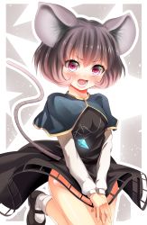 Rule 34 | 1girl, angry, animal ears, bare legs, blush, breasts, capelet, covering privates, dress, embarrassed, eyelashes, female focus, grey eyes, grey hair, hair between eyes, highres, jewelry, lips, long sleeves, looking at viewer, mary janes, mikoma sanagi, mouse ears, mouse tail, nazrin, open mouth, pendant, pink eyes, red eyes, shoes, short hair, small breasts, socks, solo, tail, tears, teeth, thighs, touhou, v arms, white socks