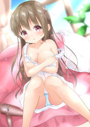 Rule 34 | 1girl, absurdres, blue panties, blush, breasts, brown hair, cleavage, collarbone, commentary request, day, dress, hair between eyes, highres, inahori, indoors, large breasts, long hair, looking at viewer, moe2020, open mouth, oppai loli, original, panties, plant, red eyes, sitting, solo, strap slip, sundress, towel, underwear, water drop, white dress, window