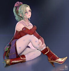 Rule 34 | 1girl, andre borges, blue eyes, boots, cape, dagger, detached sleeves, dress, final fantasy, final fantasy vi, green hair, highres, knife, pantyhose, red dress, red footwear, sheath, sheathed, square enix, strapless, strapless dress, thighs, tina branford, tube dress, weapon, white pantyhose