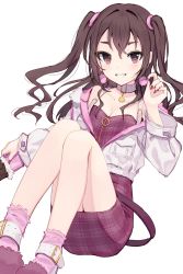 Rule 34 | 1girl, ankle belt, belt, brown eyes, brown hair, candy, chocolate, chocolate bar, choker, earrings, food, fur-trimmed jacket, fur trim, grin, highres, holding, holding chocolate, holding food, idolmaster, idolmaster cinderella girls, jacket, jewelry, long hair, looking at viewer, mole, mole under eye, open clothes, open jacket, plaid, plaid skirt, pom pom (clothes), pom pom earrings, sharp teeth, shone, simple background, skirt, smile, solo, sunazuka akira, teeth, two side up, wavy hair, white background