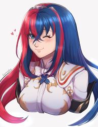 Rule 34 | 1girl, absurdres, alear (female) (fire emblem), alear (fire emblem), armor, blue eyes, blue hair, blush, breasts, crossed bangs, evomanaphy, fire emblem, fire emblem engage, hair ornament, hairband, highres, jewelry, long hair, looking at viewer, medium breasts, multicolored hair, nintendo, one eye closed, red hair, smile, solo, tiara, two-tone hair, very long hair