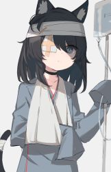Rule 34 | 1girl, absurdres, animal ears, arm sling, bandage over one eye, bandaged head, bandages, bandaid, bandaid on face, black hair, cat ears, cat girl, cat tail, frown, gauze, glaring, highres, hospital gown, intravenous drip, iv stand, messy hair, original, satou (3366 s), sketch, sleeves past fingers, sleeves past wrists, tail