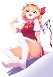 Rule 34 | 1girl, ascot, bad id, bad pixiv id, blonde hair, bow, flandre scarlet, hat, hat bow, highres, mob cap, panties, pantyshot, puffy short sleeves, puffy sleeves, red eyes, short sleeves, sitting, skirt, skirt set, solo, thighhighs, touhou, underwear, white panties, white thighhighs, wings, yani (nokori life1), yellow ascot