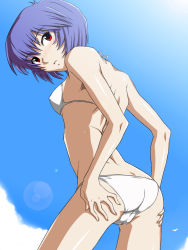 Rule 34 | 1girl, ass, ass focus, ayanami rei, back, bikini, blue hair, blush, breasts, cameltoe, cleft of venus, cloud, day, fey, flat ass, from behind, hand on own ass, highres, lens flare, looking back, neon genesis evangelion, red eyes, short hair, skinny, sky, small breasts, solo, swimsuit, white bikini