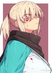 Rule 34 | 1girl, black scarf, blonde hair, blood, blood on clothes, blood on face, breasts, commentary request, eyes visible through hair, fate/grand order, fate (series), from side, hair between eyes, ishibori eregomos, japanese clothes, kimono, looking at viewer, medium hair, okita souji (fate), okita souji (koha-ace), open mouth, ponytail, purple background, scarf, simple background, slit pupils, solo, white background, yellow eyes