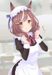 alternate_costume animal_ears apron blurry blurry_background blush breasts brown_eyes brown_hair clenched_hands closed_mouth ei_ei_mun! enmaided hair_ornament hairclip hat highres horse_ears horse_girl horse_tail looking_at_viewer maid matikane_tannhauser_(umamusume) medium_breasts medium_hair ribbon sakurakkuma smile tail umamusume