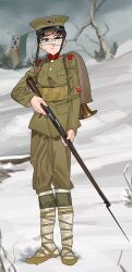 Rule 34 | 1girl, absurdres, ammunition pouch, bandage on face, bandaged head, bandages, bare tree, bayonet, bedroll, belt, black hair, blood, bolt action, buttons, cold, collar, collar tabs, gun, hat, highres, holding, holding weapon, injury, insignia, instrument, jacket, korea, long sleeves, looking at viewer, military, military hat, military rank insignia, military uniform, original, outdoors, pants, pocket, pouch, pzkpfwi, republic of korea army, shoulder boards, sidelocks, snow, soldier, solo, south korea, south korean flag, star (symbol), tree, trumpet, uniform, weapon, winter