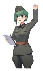 Rule 34 | 1girl, absurdres, arm up, belt, belt buckle, breasts, brown belt, buckle, clipboard, cropped legs, garrison cap, green eyes, green hair, grey hat, grey jacket, grey pants, hat, highres, holding, jacket, long sleeves, looking at viewer, military, military hat, military jacket, military uniform, open mouth, original, pants, simple background, small breasts, solo, standing, tuziki sang, uniform, white background