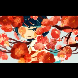 Rule 34 | 1girl, :3, blue hair, blurry, blurry foreground, blush stickers, branch, bukka-chan (butudan butugu), butudan butugu, commentary, depth of field, eye reflection, flower, from side, highres, jitome, letterboxed, looking at viewer, looking to the side, multicolored hair, no nose, no sclera, one eye covered, original, plum blossoms, red flower, reflection, shirt, short hair, solo, streaked hair, swept bangs, upper body, white background, white hair, white shirt