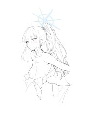 Rule 34 | 1girl, bare shoulders, blue archive, blue halo, blush, breasts, collarbone, dress, greyscale, halo, highres, monochrome, official alternate costume, ponytail, saori (blue archive), saori (dress) (blue archive), simple background, sketch, solo, sukaliya, unfinished, upper body, white dress