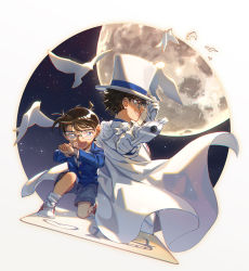 Rule 34 | 2boys, black hair, blue eyes, blue jacket, blue shirt, bow, bowtie, cape, child, collared shirt, commentary, dress shirt, edogawa conan, formal, glasses, gloves, grey shorts, grin, gun, hat, hi-fi (fijazzy), highres, holding, holding gun, holding weapon, jacket, kaitou kid, long sleeves, magic kaito, male focus, meitantei conan, monocle, multiple boys, necktie, open mouth, pant suit, pants, pointing, pointing at viewer, red bow, red bowtie, red footwear, shirt, short hair, short shorts, shorts, smile, suit, symbol-only commentary, weapon, white cape, white gloves, white headwear, white jacket, white pants, white shirt, wing collar