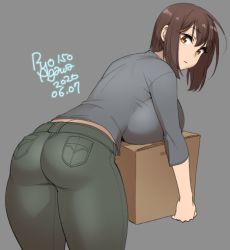 Rule 34 | 1girl, 2020, agawa ryou, ass, box, breast press, breasts, brown eyes, brown hair, cardboard box, commentary, dated, from behind, green pants, grey background, grey shirt, huge breasts, looking at viewer, looking back, original, pants, shirt, short hair, signature, simple background, solo, thick thighs, thighs