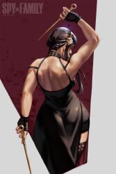 Rule 34 | 1girl, backless dress, backless outfit, black hair, dress, dual wielding, fingerless gloves, gloves, hair bun, hairband, highres, holding, long bangs, looking back, needle sword, red eyes, rim jims, solo, spy x family, thighhighs, toned, yor briar