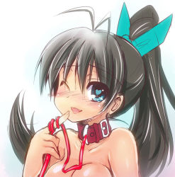 Rule 34 | 1girl, antenna hair, bdsm, belt collar, black hair, blue eyes, blush, bow, breasts, cleavage, collar, ganaha hibiki, gradient background, hair bow, heart, heart-shaped pupils, high ponytail, idolmaster, idolmaster (classic), large breasts, leash, long hair, looking at viewer, nose blush, nude, one eye closed, ponytail, sen (astronomy), simple background, slave, smile, solo, symbol-shaped pupils, wink