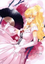 Rule 34 | 1girl, absurdres, alice in wonderland, blonde hair, blue eyes, breasts, cleavage, dress, elbow gloves, female focus, flower, gloves, hand fan, highres, jewelry, large breasts, long hair, necklace, queen of hearts (alice in wonderland), red flower, red rose, rose, solo, thorns, ueda ryou