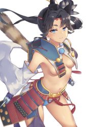 Rule 34 | 1girl, armor, asymmetrical sleeves, black hair, blue eyes, blue panties, blush, breast curtains, breasts, circlet, closed mouth, detached sleeves, fate/grand order, fate (series), feather hair ornament, feathers, hair bun, hair ornament, hat, holding, holding sword, holding weapon, japanese armor, katana, kusazuri, long hair, looking at viewer, mismatched sleeves, navel, panties, parted bangs, pinta (ayashii bochi), pom pom (clothes), revealing clothes, scabbard, sheath, short eyebrows, side bun, side ponytail, simple background, single side bun, small breasts, smile, solo, sword, thighs, tokin hat, underboob, underwear, ushiwakamaru (fate), very long hair, weapon, white background, wide sleeves